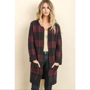 Dress forum medium nylon/ acrylic plaid red& blue cardigan….
